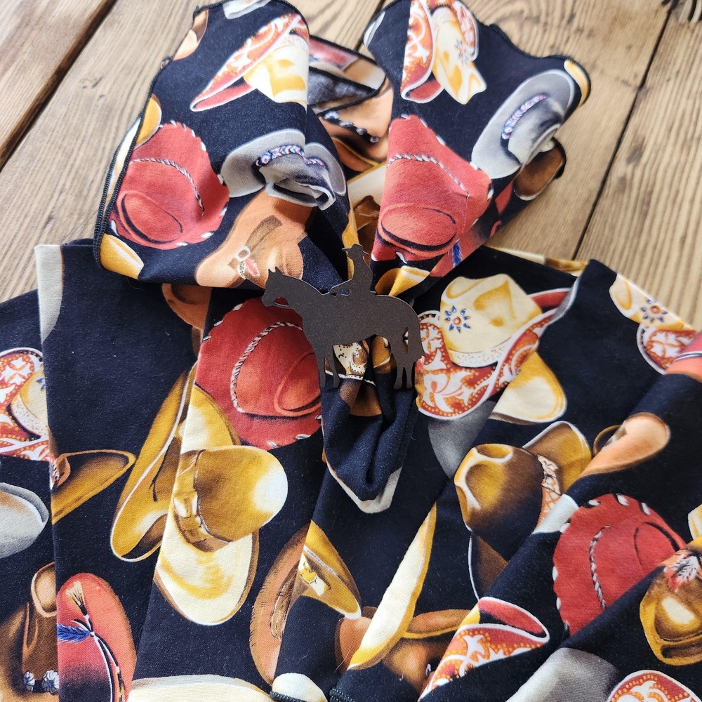 Set of 8 Cowboy Hat Western Print Cotton Napkins Black Red Tan Southwestern